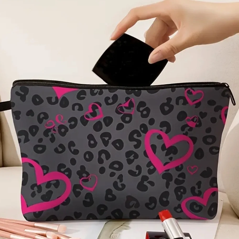 Leopard Print Heart Pattern Cosmetic Bag
